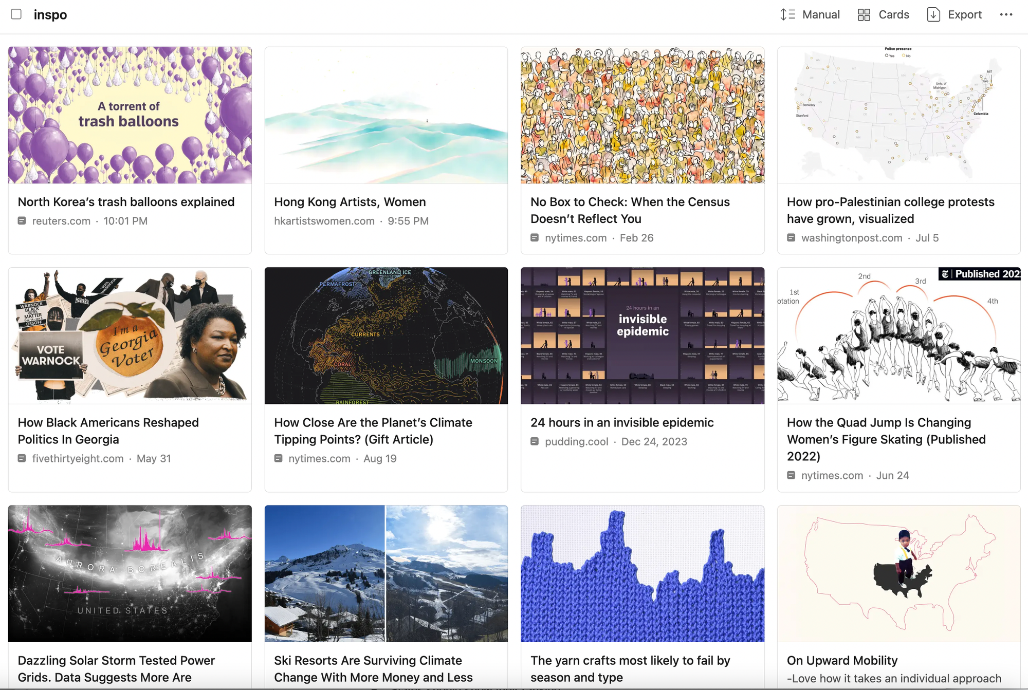 Grid of 12 data storytelling projects saved in the Raindrop app. The projects were created by Shirley Wu, the New York Times, the Washington Post, The Pudding, Bloomberg Graphics, FiveThirtyEight, and Reuters.